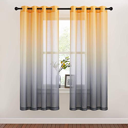 NICETOWN Dekoration Gardinen Wohnzimmer Modern 2er Set H 175 x B 140 cm Leinenoptik Vorhang Farbverlauf Halbtransparent Fenster für Schlafzimmer Ösenschal, Gelb+Grau