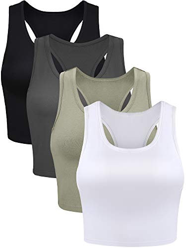 Geyoga 4 Stück Damen Crop Tank Tops (Schwarz, Anthrazitgrau, Olivgrün, Weiß, L)