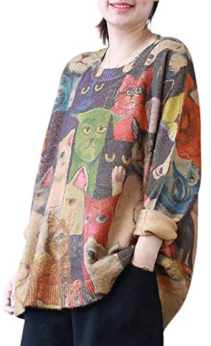 YESNO Women Long Sleeve Jumpers Oversized Graphic Knitted Sweater Crew Neck Loose Vintage Pullover Sweater Tops L S01UK CR01