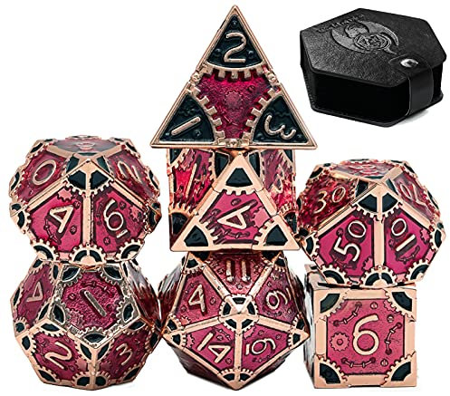 World of Dice Steampunk Polished - 7-teiliges Pen and Paper Würfelset aus Metall, mit Zahnrädern, Metall Würfel (mit Etui)