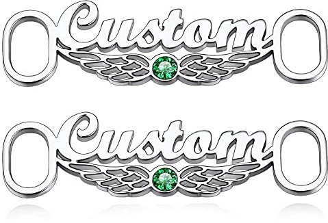 Custom4U Personalisierte Fügel Schuhschnalle mit Eingravierten Namen mit Geburtsstein Edelstahl 2 Stücke Schnürsenkel Anhänger Schnalle DIY Schnürsenkel Dekorationen in Silber für Frauen Männer