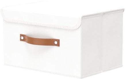 OUTBROS Fabric Storage Boxes with lids, Bins 33x23x20 cm (White, 1-Pack) | Foldable Storage Organiser Boxes, Storage Basket Bins with Handles, Clothes Organiser, Non-Woven Fabric