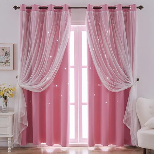 IINDISTAR Verdunkelungsvorhänge mit Sternen, für Kinder, Fenster, Schlafzimmer, Fenster, Zimmer, Verdunkelungsvorhänge, Vorhänge für Babyzimmer, Vorhänge (2 Paneele, 132 x 244 cm (L x B x H), Rosa