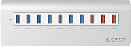 Powered USB 3.0 Hub ORICO Aluminium 10-Port USB Hub 3.0 Splitter Includes 3 Smart USB Charging Ports (2.4A/1A/1A) + 48W (12V 4A) Power Adapter