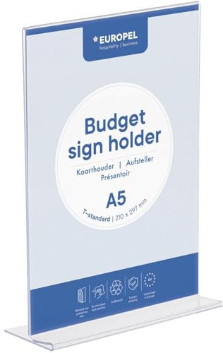 EUROPEL Budget-Schilderständer, T-Ständer, transparentes Polystyrol 1,5 mm, Menü- und Ordnerdisplayhalter für Restaurants, Hotels, Konferenzen und Empfänge, doppelseitig, A5-Größe, 148 x 210 mm