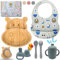HappyDoo | Vajilla Bebe | 9 Piezas | Vajilla Bebe Bambu | Plato Bebe Bambu | Vaso Evolutivo | Babero y Cubiertos Bebe | De Regalo Chupete Fruta | Vajilla Infantil Bambu Natural sin BPA | Sin Phalatos