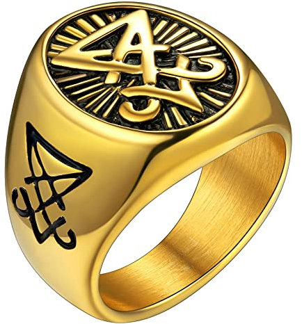 FaithHeart goldring für Herren Männer Satan Lucifer Ring Satanic Luzifer Fingerring Punk Biker Ring mit Namen Text Gravur für Paar Pärchen