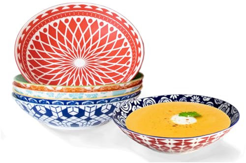 Annovero Suppenschüssel-Set mit 6 – große italienische Pasta- und Salat-Servierschalen zum Essen, breite Ramenteller, flache Keramikschalenteller, mikrowellen- und ofenfest, weißes Porzellan mit