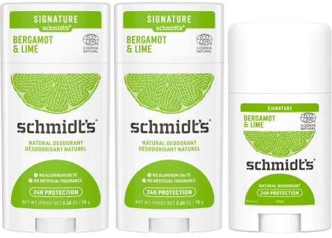 Schmidt's Deo Stick für ein frisches Gefühl und 24 Stunden Schutz gegen schlechten Geruch Bergamotte & Lime Aluminiumfri Deodorant mit Zutaten aus 100% natürlichen Ursprungs 2x58 ml, 1x40 ml