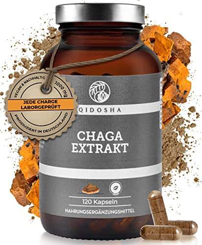 QIDOSHA® Chaga Extrakt Kapseln hochdosiert, 120 Stk im Glas (kein Plastik), 1000 mg Schiefer Schillerporling Extrakt pro Tagesdosis, Chaga Pilz Kapseln hochdosiert, aus Wildsammlung von Birken