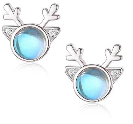 Deyanse Silber Elch Mondstein Ohrstecker, 925 Sterling Silber, 7mm Süße Weihnachts Elch Ohrstecker zum Weihnachten