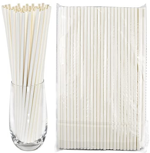 Pailles en papier extra longues de 26 x 0,6 cm, 100 comptes, jetables, blanches, biodégradables, hautes, simples