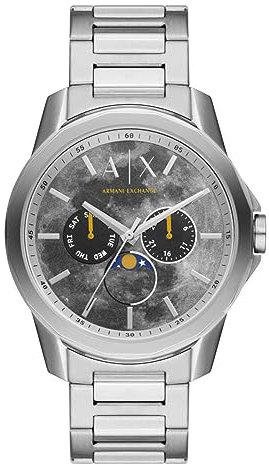 Armani Exchange Uhr für Herren , QuarzMultifunktionswerk, 44MM Silbernes Edelstahlgehäuse mit Edelstahlarmband, AX1736