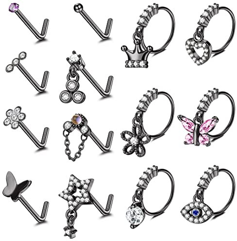 Kakonia 14Pcs Dangle Nose Rings Studs 20G en acier inoxydable Anneau de nez Hoop L Shape Nose Studs for Women Paved CZ Heart Butterfly Nose Piercings Silver Gold Rose Gold Nostril Nose Piercing Bijoux