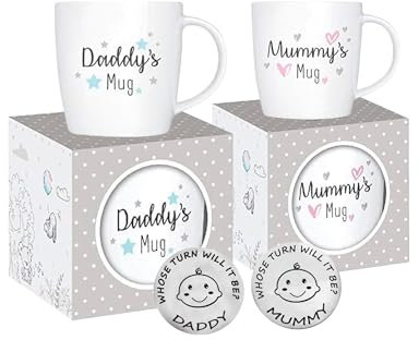 New Parents Set of 2 Mummy and Daddy Mugs - Gifts for Mum Daddy Gifts - Gifts for New Mums - New Dad Mug - Mummy Mug Mummy Gifts - Christmas - Includes Decision coin for Parents (Mummy & Daddy)