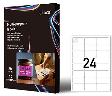 Akaca Etichette Adesive Universali – 720 Etichette (24 per Foglio, 30 Fogli) – 63 x 35 mm – Carta Bianca Opaca per Stampanti a Getto d’Inchiostro e Laser, Perfette per Casa, Ufficio e Fai-da-te