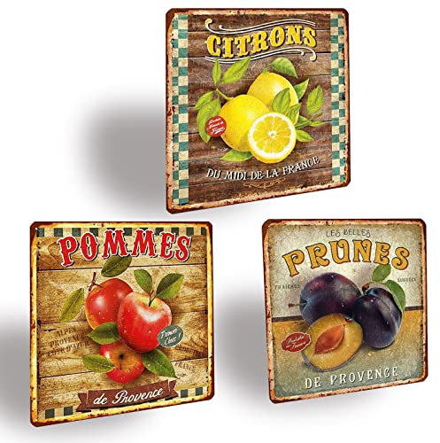 XIAOMA Lot de 3 Plaque Metal Vintage avec Pommes Prunes Citrons Fruits Français - Cadeau pour la Cuisine Restaurant Maison - Décoration Murale Rétro Métallique Panneau 30,5x30,5cm