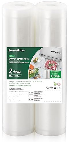 Bonsenkitchen Vakuumierbeutel 2 Rollen 30x600 cm- Profi Vakuumrollen für Vakuumierer, Lebensmittel Vakuumbeutel für Vakuumiergerät, Kochfest & Sous Vide Gefrierbeutel, BPA-frei, VB3216