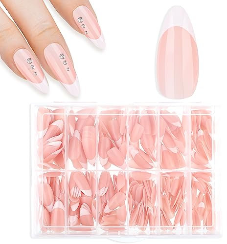 cobee Appuyez sur les ongles carrés longs, 360 Pcs Cercueil Faux Ongles Pointe Française Couleur Nude Faux Ongles Brillant Couverture Complète Colle sur Ongles Ballerine (Amande)