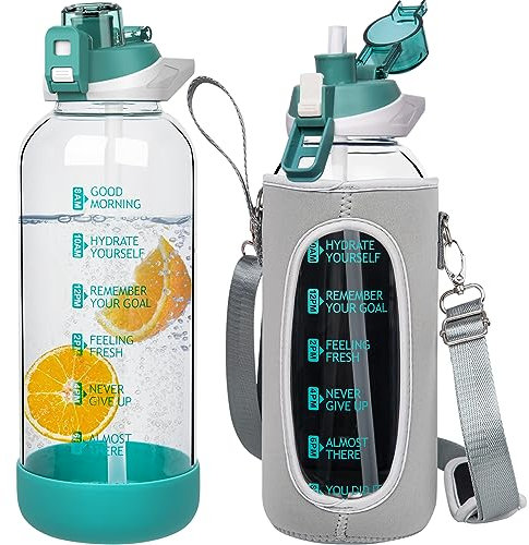 Seekua 1.5l Sport Gourde Verre avec Paille & Heure de Motivation 1.5 litre grande Bouteille d'eau Verre Réutilisable sans BPA avec Marqueur de Temps