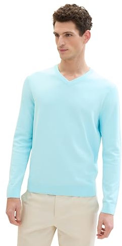 TOM TAILOR Herren Basic Pullover mit V-Ausschnitt aus Baumwolle, 34921 - Caribbean Turquoise, L