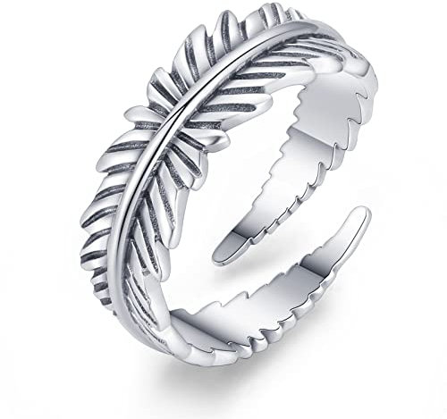 Feder Ring 925 Sterling Silber Verstellbare Feder Engel Flügel Offener Ringe Schmuck Geschenke für Frauen Herren Mädchen