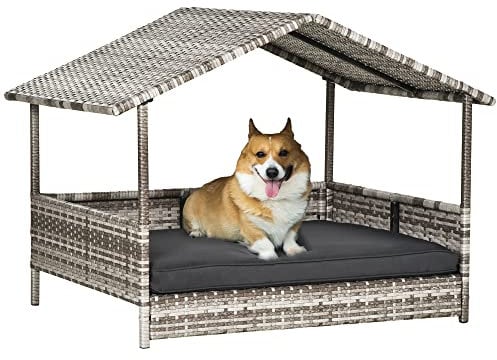 PawHut Rattan Hundeliege Outdoor mit Dach, Erhöhtes Hundebett für kleine und mittelgroße Hunde, Kühlendes Haustierliege mit Metallrahmen, Haustierbett für Draußen, 69 x 98 x 70 cm, Grau