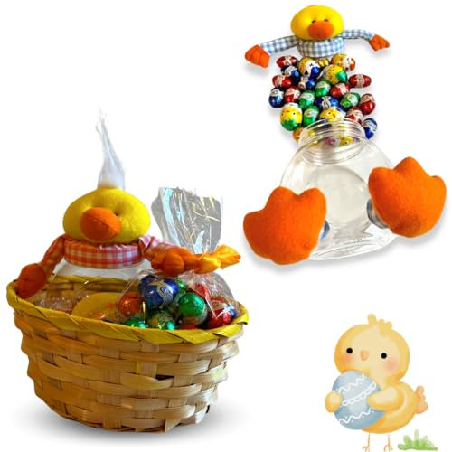 Huevos de Pascua 2024 - Tarro de Pascua Pato 15 cm + Huevos de Chocolate 200gr Sabores Surtidos + Cesta de Pascua de Mimbre - Caja Regalo Incluida
