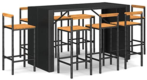 Makastle 9-teilig Gartenbar Set, Garten Sitzgruppe Essgruppe Stehtisch Barstühlen Gartenmöbel, Bartisch mit Barhocker Set für Garten Rasen, Schwarz Poly Rattan & Massivholz Akazie