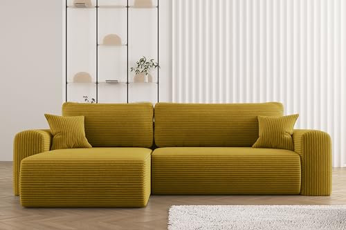 Kaiser Möbel, Sofa mit schlaffunktion, mit Bettkasten, Schlafsofa Capri, Designer Sofa, Modern Design Couch, Polsterecke, Freistehend, Stoff POSO Gelb Links