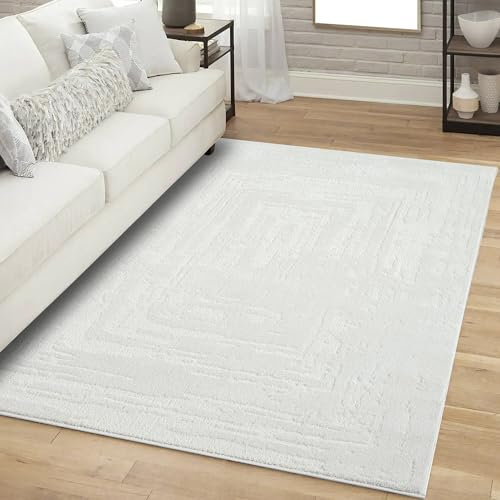 Teppich Kurzflor Wohnzimmer - Creme - 200x290 cm Rechteckig - Meliert, Geo-Muster - 3D-Effekt - Moderne Teppiche Flachflor Schlafzimmer, Esszimmer