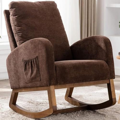 Shally Dogan Poltrona a Dondolo in Tessuto con Struttura in Legno Resistente, Sedia Ergonomica Relax Deluxe Premium Dondolante Ideale Soggiorno, Camera da Letto, Ufficio, Cameretta, Salotto (Marrone)
