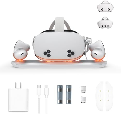 Charging Dock for Meta Quest 3S with USB-C Charger, VR Magnetic Charging Station for Oculus Quest 3S with LED Indicator, 2 Rechargeable Batteries and Cable (Quest 3S with Adapter)