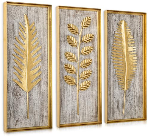 Briful Metall Wanddeko 3er Set – Goldene Blätter auf Holzoptik, 40x16 cm – Modernes Wandbild aus Holz & Metall – Wohn- & Schlafzimmer Deko, Boho Vintage Stil, Wandkunst mit Naturmotiv