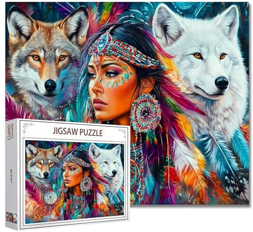 1000 Stück Puzzles für Erwachsene afroamerikanische Frau und Wolf Jigsaw Puzzle Bunte Dreamcatcher Kopfschmuck 1000 Stück Puzzles für anspruchsvolle Familie Aktivität Spiel Wanddekoration DIY Puzzle