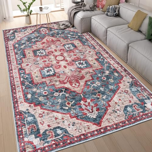 homeart Machine Washable Rug -%63 Cotton, Low Pile Carpet with Non Slip Backing - Non-Shedding Large Rugs for Living Room, Bedroom, Kitchen, Dining Room, Hallway - Vintage Red Teal, 160x230 cm