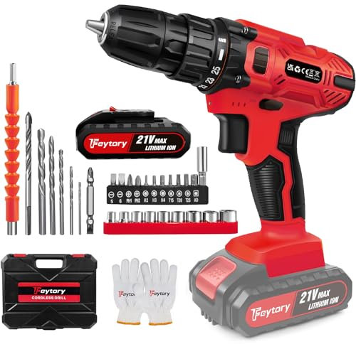 21V Cordless Drill, 45Nm Electric Screwdriver Set, 2 Variable Speed Combi Drill, 25+1 Torque Setting, 3/8” Keyless Chuck, LED Work Light, with 29PCS Accessories and Li-Ion Battery for Home DIY