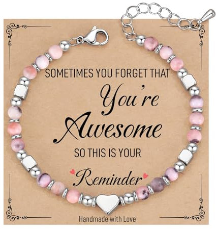 SIXDUTON Geschenke für Damen Mädchen Edelstein Armband, Herz Rosenquarz Edelstein Heilsteine Armbänder Valentinstag Geburtstagsgeschenk für Frauen Sie Teenager Beste Freundin (Rosa Zebrajaspis)