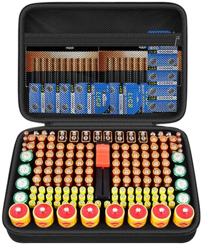 Battery Organizer Storage Case with Tester, Batteries Holder Box Carrying Container Bag, Garage Vault Organization Holds 162+ Battery Variety Pack AA AAA AAAA C D 9V 3V Lithium(No Batteries) (Black)