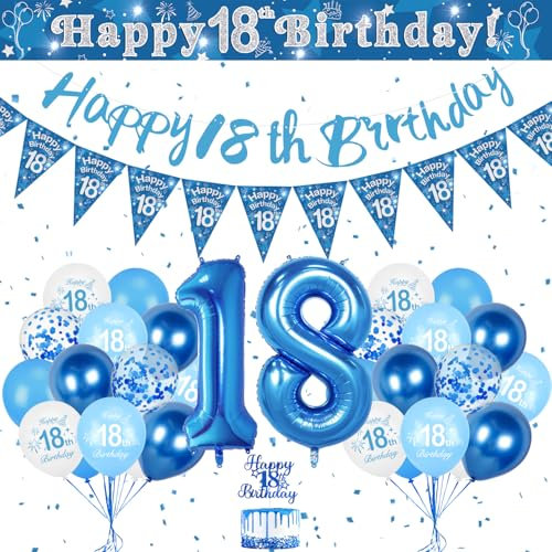 Luftballon 18. Geburtstag Blau, Geburtstagsdeko 18 Jahr Junge, 32 Zoll Blau Luftballons Zahlen 18, Deko 18. Geburtstag Junge Happy Birthday Banner Kindergeburtstag Deko
