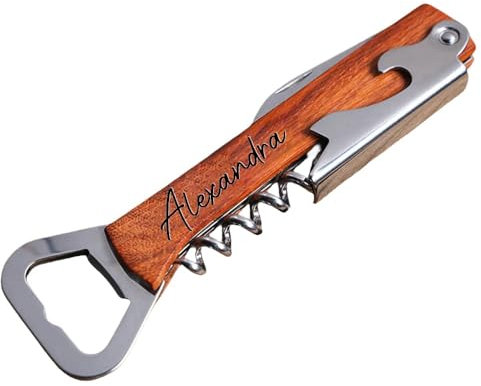 Custom Engraved Name Wooden Wine Opener, Personalized Multi-Functional 4 in 1 Bottle Red Wine Opener, Easy Use, Tools and Gifts for Wine Enthusiasts