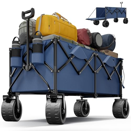 Devoko 332L Bollerwagen Faltbar Sackkarre Maximal Klappbar 200KG Belastbar Faltbarer Bollerwagen mit Bremse, Handwagen mit Verstellbarem Griff, Transportwagen Klappbar für Strand Camping Einkauf,Blau