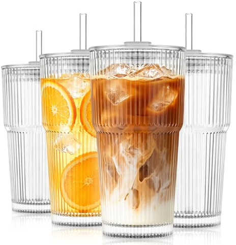 KEMORELA 4 Pack 600ml Glass Cups with Lids and Straws, Iced Coffee & Matcha | 4 reusable ribbed glass cups with lids and straws, wide opening for ice and toppings, ideal for smoothies and cold drinks