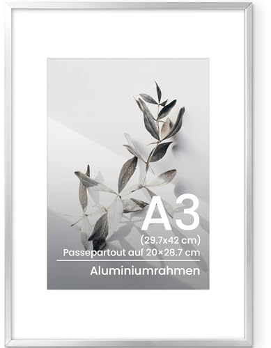 Feihorrm A3 Bilderrahmen, Aluminium Din A3 Rahmen Mit Glas | Für 29,7x42 cm-Fotos oder 20x28,7 cm-Fotos mit Passepartout, Metall Fotorahmen für Poster Wandkunstrahmen, Silber