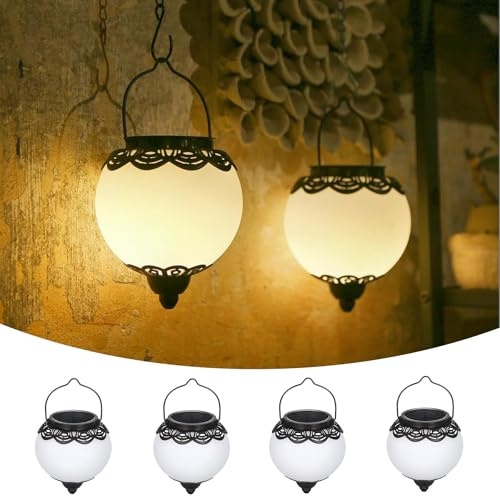 Solarlampen für Außen Hängend 4 Stück, JOYCREATOR Solarlaternen für Außen IP65 Wasserdicht mit Haken & Erdspieß, Kugel Solar Laterne Vintage für Balkon Veranda als Weihnachtsgeschenke Frauen/Mama