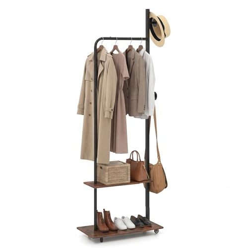 COSTWAY Appendiabiti da Terra con Ruote in Legno | Attaccapanni con 2 Ganci e 2 Ripiani, Porta Abiti per Ingresso Camera Salotto 60 x 30 x 175 cm