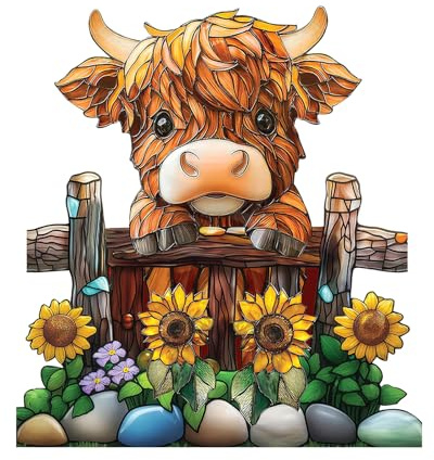 Joalpysm 2D Highland Cow Holzdeko, Handgefertigte Holzfigur Deko Wohnzimmer, Bücherregal Deko im Landhausstil, Stabil Stehende Büro Deko, Kuhliebhaber, 20×18,8 cm