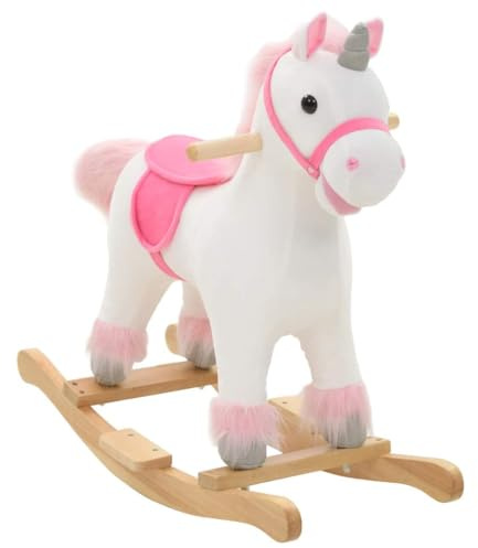Ziaphsol Schaukeltier Einhorn Plüsch Weiß Rosa 65 x 32 x 58 cm mit Holzsockel, Metallrahmen, für Kinder ab 24 Monaten, bis 40 kg, einfacher Aufbau, Indoor Spielzimmer