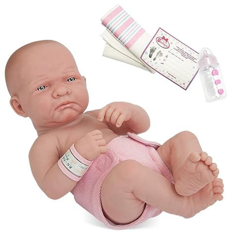 JC Toys 18501 La Newborn Babypuppe Vinyl-Puppe weiß/rosa Outfit und Decke mit Tierfreund und Zubehör. Echtes Mädchen, First Day Real Girl, 35,56 cm