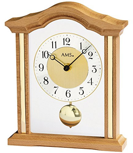 AMS Design Quarz-Tischuhr mit Pendel, analoge Zeitanzeige - formschönes Holz-Gehäuse aus Massiv Buche - Kleine Standuhr Tisch Pendeluhr